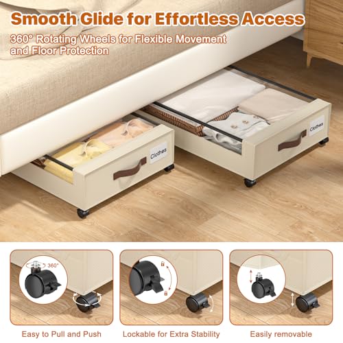 Under Bed Storage with Wheels,XXL 60L Under Bed Storage Containers with Clear Lids, Rolling Under Bed Metal Drawer for Clothes, Shoes,Toys (White, 2 Pack) - Image 5