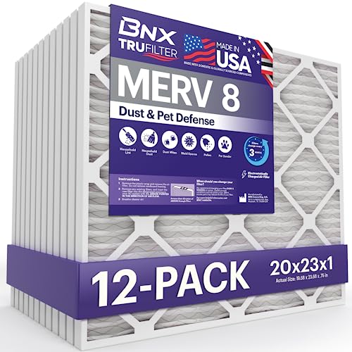 Image of BNX TruFilter 20x23x1 Air Filter MERV 8 (12-Pack) - MADE IN USA - Dust & Pet Defense Electrostatic Pleated Air Conditioner HVAC AC Furnace Filters for Dust, Pet, Mold, Pollen MPR 600 - 700 & FPR 5