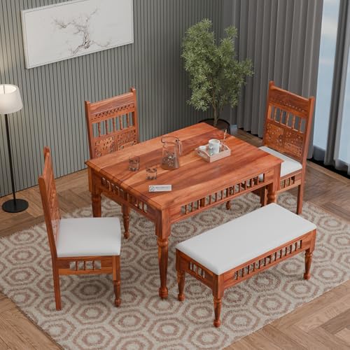 Image of Jangid Handicraft Dining Table 4 Seater | Solid Sheesham Wood Four Seater Dinning Table Set with 3 Cushion Chairs & 1 Bench | Rectangular Dinner Table for Home, Kitchen & Living Room, Natural Finish