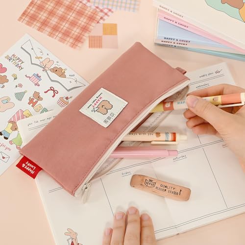 Image of Monolike Happy and Lucky Daily pen case, Pink - Slim Water-Resistant Nylon Pen Pouch, Aesthetic Vivid Stationery Organizer for Office