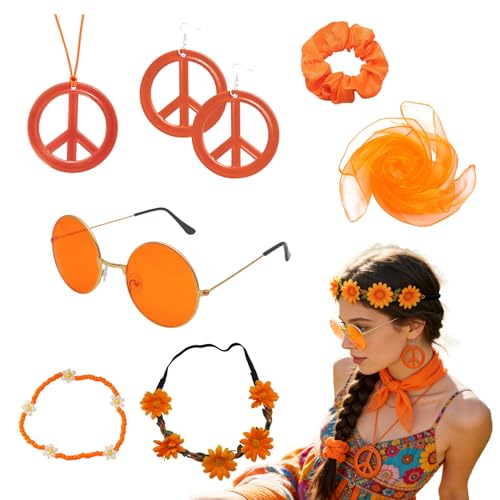 7 Pièces Ensemble Accessoires Hippie, Lunettes de Soleil Rétro Boucle d'Oreille Collier Signe de Paix, Bijoux Hippie, Ensemble de Costume hippie des Années 70 et 80