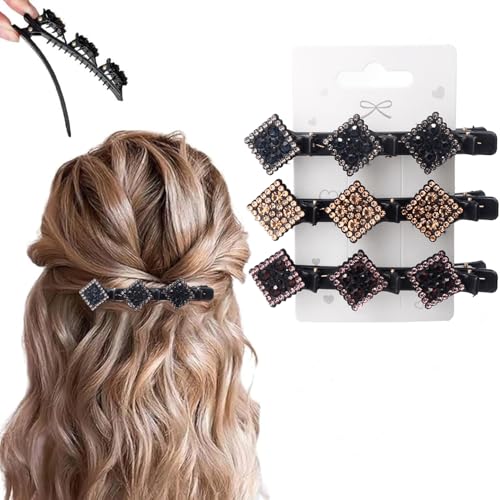 PreciRise 3 Pcs Sparkling Crystal Stone Braided Hair Clips 2026 New Satin Fabric Hair Bands Rhinestone Four-Leaf Clover Hair Clip for Styling Duck Bill Clips for Women Girls Color C