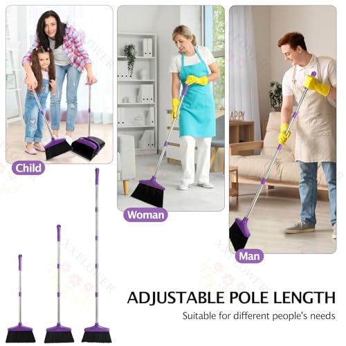 Image of Broom and Dustpan Set with Long Handle, Light Weight Stainless Steel Poles Stand Upright Dustpans with Broom Combo for Home Kitchen Office Pet Dog Hair, 1-Pack (Purple)