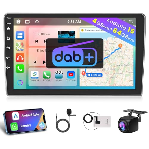 Hikity [4+64GB] DAB+ Android 15 Autoradio Wireless CarPlay Android Auto Mirror Link Radio 9 IPS Touchscreen Schermo Radio Bluetooth5.0 Navi GPS WiFi FM RDS SWC HiFi