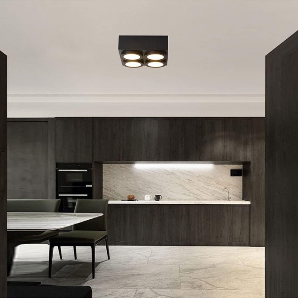 4 Way Led Ceiling Spotlight, Indoor Surface Mounted Downlight, Kitchen Island Square Plate Ceiling Light Fixture, Living Room Dining Room Bedroom Ceiling Spot Lights/Black6000K