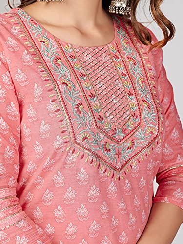 Image of Vbuyz Women's Printed & Embroidered Straight Cotton Stitched Kurta With Dupatta