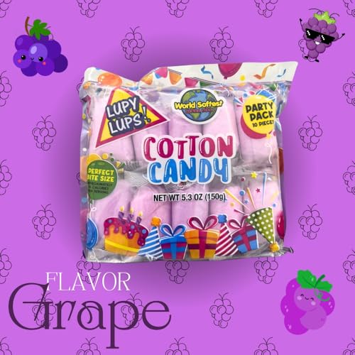 Lupy Lups! Cotton Candy Party Pack – Individually Wrapped Small bags, 0.5 oz Each – Perfect for Stockings, Treats, Party Favors, Buffet Tables, and Piñatas - Grape, Pack of 30