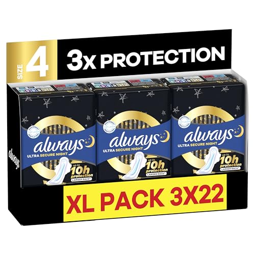 Always Ultra Sanitary Towels, Size 4 Secure Night, Extra Large Pack, 66 Count, Super Absorbent, Ultra Thin Pads with Wings for Overnight Protection