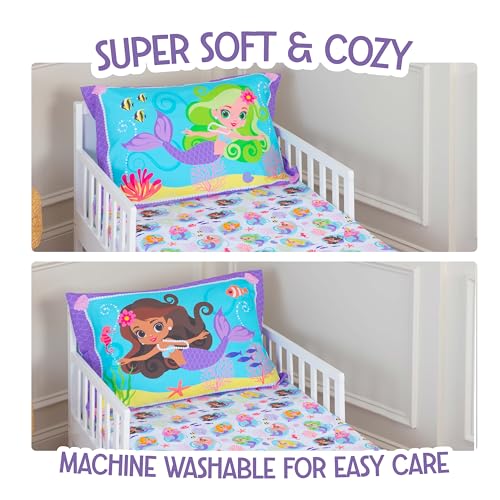 Image of Todays Kids Mermaids 2-Piece Toddler Bedding Set - Breathable 100% Soft Brushed Microfiber Polyester, Standard Size Mermaid Bedding, Gentle on Delicate Skin, Fitted Toddler Bed Sheet Set & Pillowcase