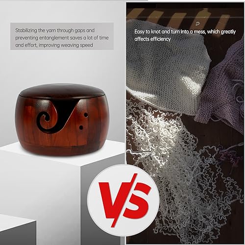 Image of Wooden Yarn Bowl with Lid, 6in Round Knitting Yarn Holder Bowl with Carved Holes,Crochet Bowl for Yarn,Pine Wood Weaving Thread Bowl, Yarn Storage Bowl for Crocheting Accessories (Dark color with