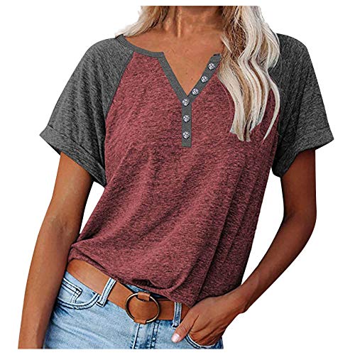 Mlide Womens Summer Short Sleeve Raglan Crewneck T Shirts Tee Color Block Casual Loose Fit Tshirts Tops(Wine,X-Large)