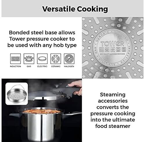 Tower T80244 6L/22cm Pressure Cooker with Steamer Basket, Stainless Steel, Silver - Image 7