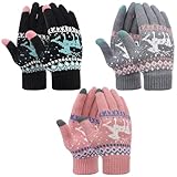 Xialvyu 3 Paare Handschuhe Damen Warm Winter Gefüttert, Winterhandschuhe Strickhandschuhe Touchscreen, Warme Handschuhe Thermo mit Weihnachten Rentier Muster für Outdoor Aktivitäten
