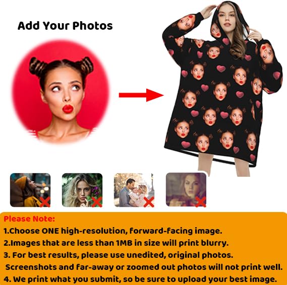 Custom Blanket Hoodie Personalized Photo Text Wearable Blanket Women's Adult Valentine's Day Gift (Custom Image)