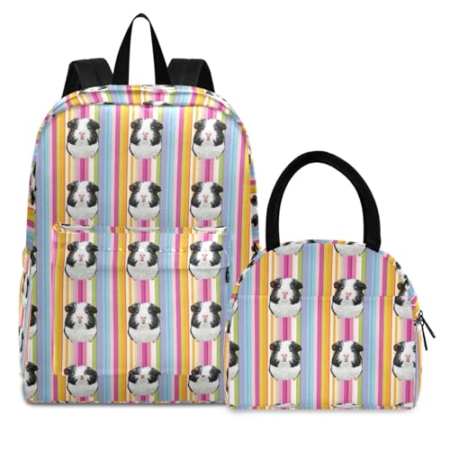 Guinea Pig Stripe Print Backpack Set with Lunch Bag, Large Capacity Travel Backpacks and Lunch Box Insulated for Commute Hiking Picnic