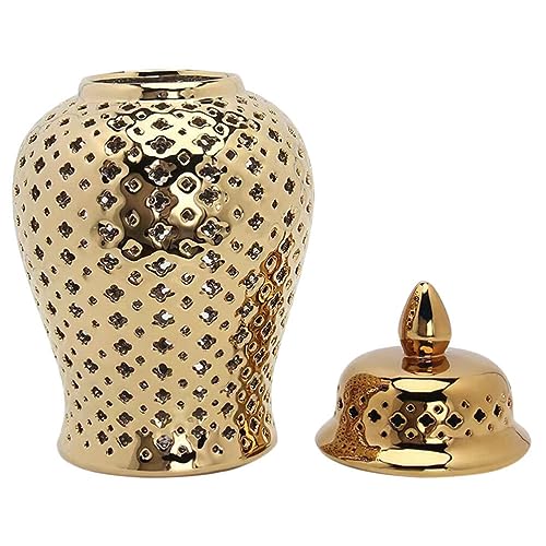 IMIKEYA Ceramic Ginger Jar with Lid Lattice Decorative Temple Jar Cut Out Ceramic Vase for Living Room and Kitchen Decoration Golden 28x15cm