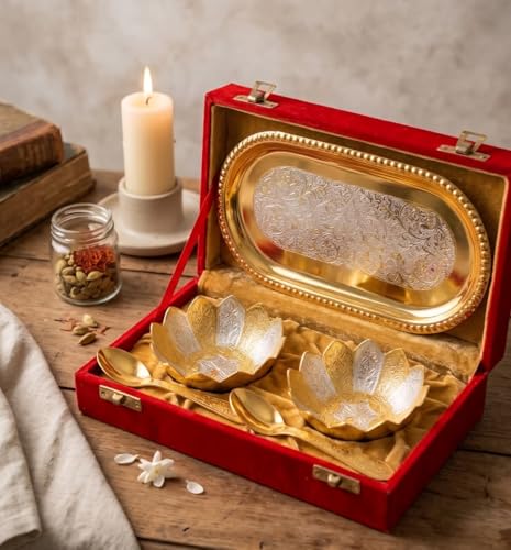SAUDEEP INDIA Set of 1 German Silver Gold Bowl Set with Beautiful Velvet Box Tray 2 Bowls 2 Spoons | Floral Engraved Gift Set for Wedding Return Gift Housewarming Decor Dry Fruit Serving Set