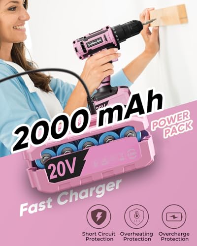 Pink Cordless Drill Set, VIWKO 20V Electric Power Drill for Women, Lightweight Electric Screwdriver Driver with Power Pack & Charger, 3/8" Keyless Chuck, Womens Tool Kit for House