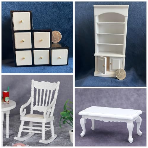 AirAds (Lot4) 1:12 Scale Dollhouse Miniatures furnitures Dolls Cabinet Bookcase Rocking Chair Coffee Table Dolls White furnitures
