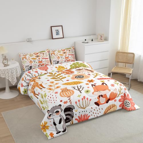 Image of Feelyou Kawaii Animals Comforter Twin Size Bedding Set for Kids Children Cute Fox Woodland Raccoon Wildlife Print Bedding Set Flower Leaves Quilt Duvet Set Colorful Toddler Bedroom Decor