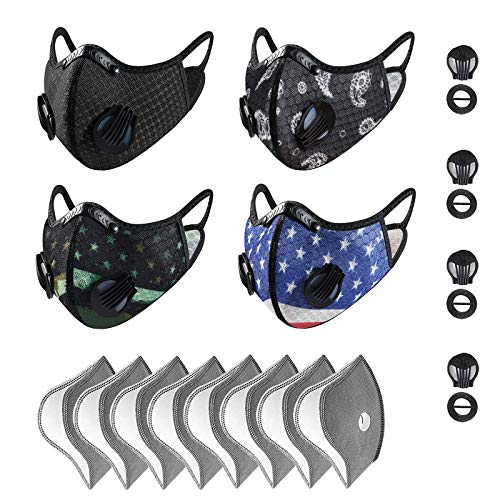 Dulzod 4Pcs Dust Face Mask Reusable Adjustable Fashion Outdoor Face Cover Sports Face Guard with 8 Carbon Filters and 4 Breathing Valves for Bicycle Running Riding Cycling Outdoor Sport Black