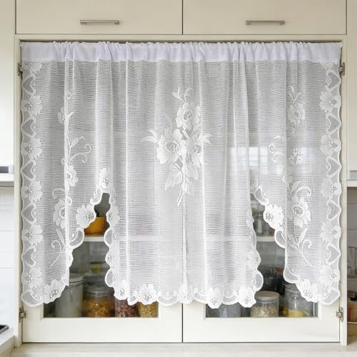 Image of HASTHIP White Lace Curtain 100x100cm, Embroidered Cafe Window Valance
