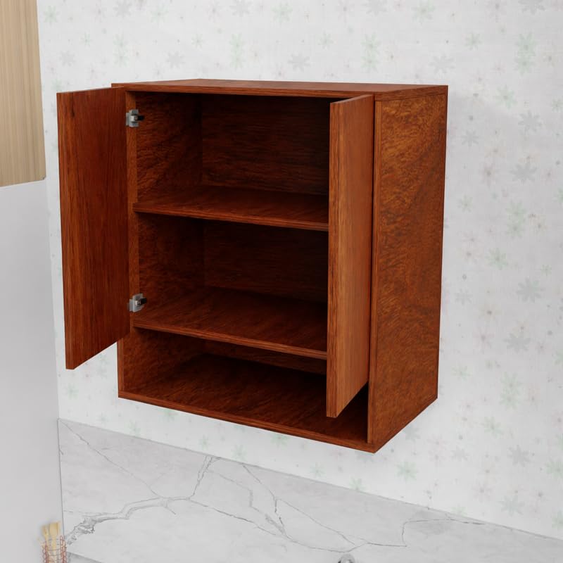 Image of 2 Door Multipurpose Wall Mounted Cabinet with Adjustable & Fixed Shelf | Storage for Kitchen, Bathroom, Office & Living Room | Assembly-DIY | Color-Cherry Pine | Size-60x33x63.8 Cm