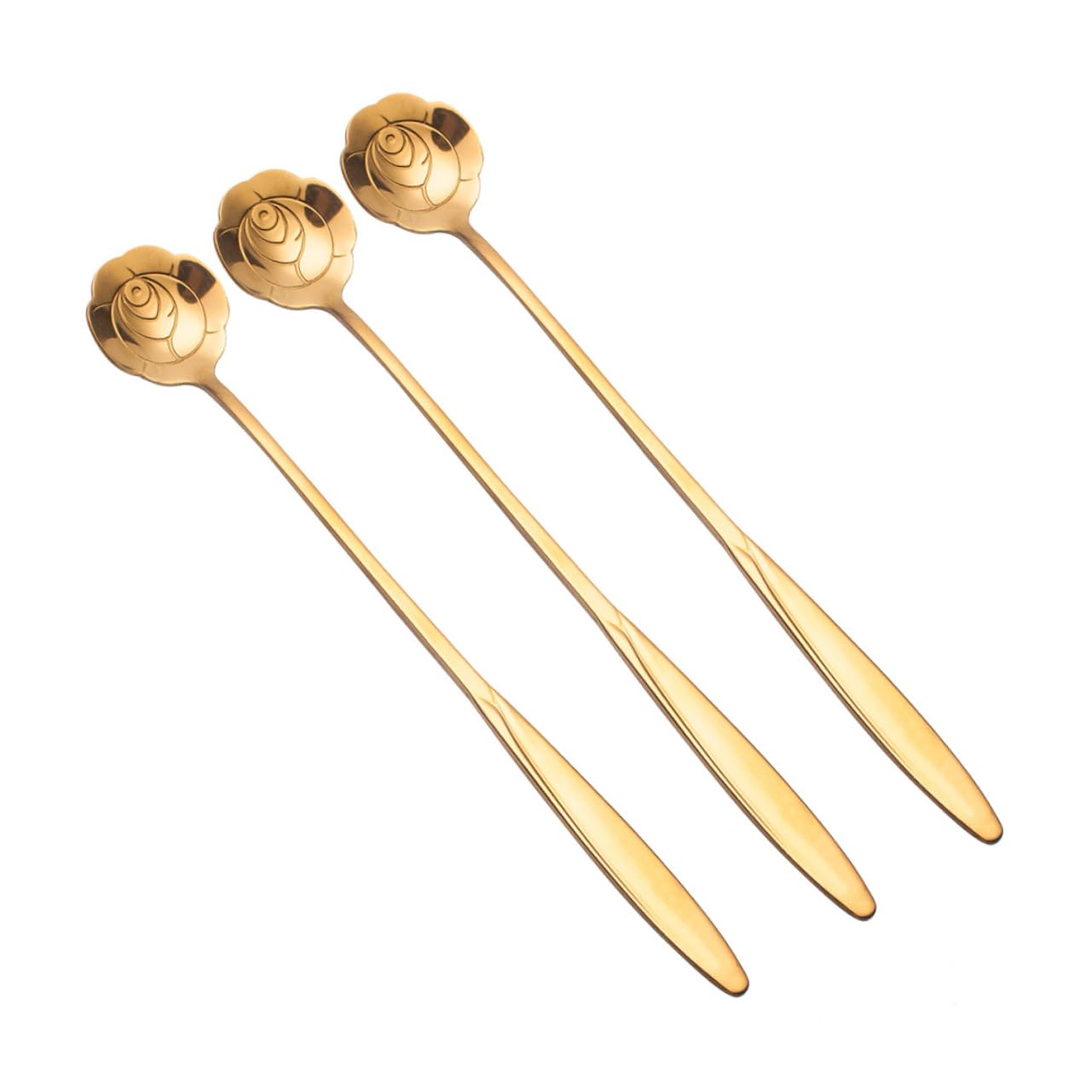 BRIGHTFUFU 3-pc Set Rose Gold Stainless Steel Spoons Long Handle Petal Stirrer for Coffee Tea Cocktails