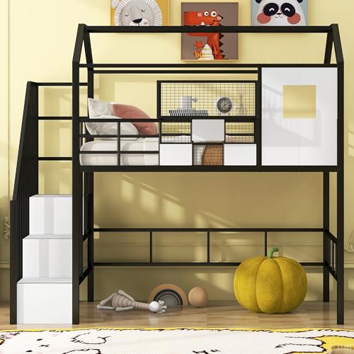 Kids Twin Low Loft Bed with Stairs, Metal House Loft Bed with Storage Shelves, Roof & Safety Guardrail, Low Loft Bed Frame for Kids, Teens, Girls & Boys (Black)