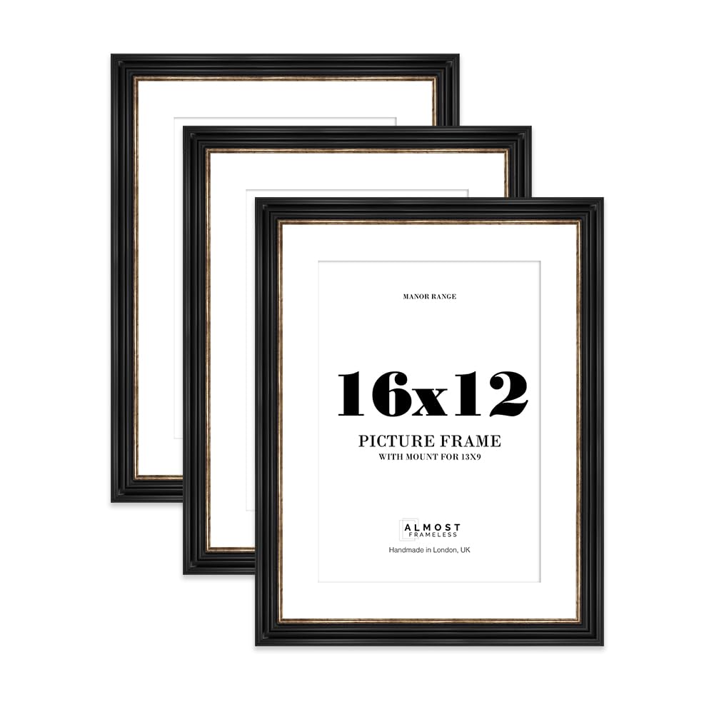 16x12" Black and Gold Picture Frame - 16x12" Frame with 13x9" Mount for 16x12"/13x9" Pictures Art Deco Style Gallery Wall, 3 Pack โ image 1