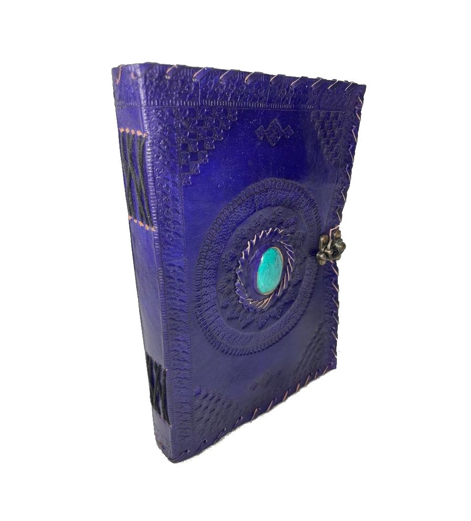 ROOGU Blue Eye [L] – Leder Notizbuch DIN B5 – Handmade in Indien – Violett mit Türkisstein – Skizzenbuch & Journal – 25x17,5 cm, Baumwollpapier, 200 Seiten