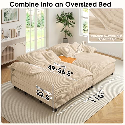 Image of WESTSETLUX 54.8 inch W Oversized Chaise Lounge Chair Indoor with 5-Position Adjustable Backrest, Corduroy Sleeper Sofa Bed with 3 Pillows, Modern Cloud Couch Chair for Living Room, Bedroom, Khaki