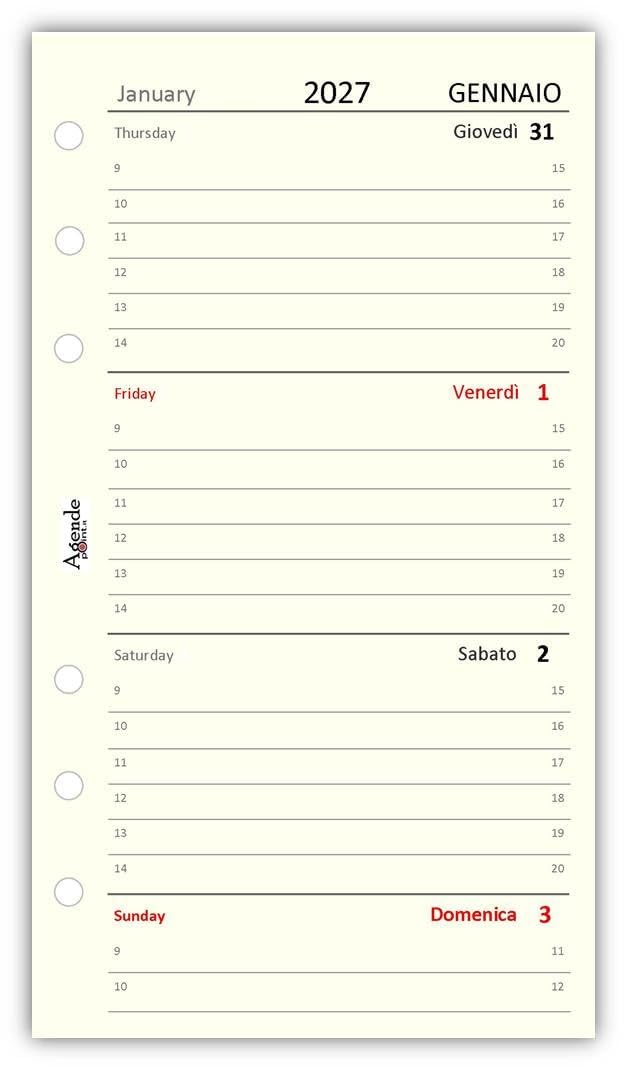 Ricambio Agenda Organizer Settimanale 2027, Bilingue, 9,5x17cm, 90gr, Avorio