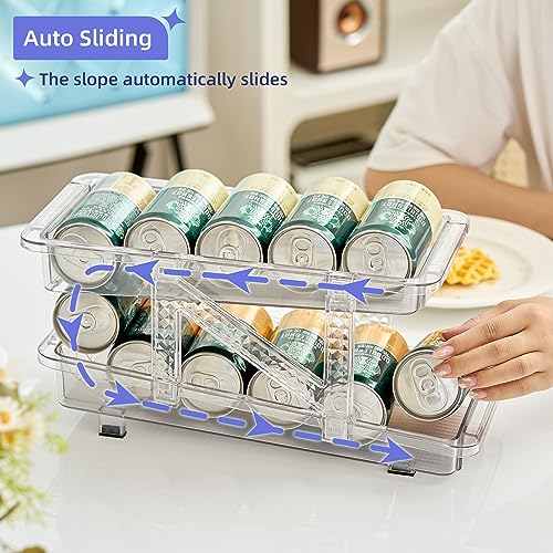 Soda Can Dispenser Organizer for Refrigerator and Pop Can Holders Drink Storage Wide Adjustable (2-Pack Clear)