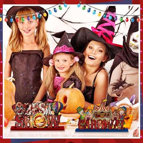 Image of Yuntau 6 Pcs Halloween Carnival Party Decorations Horror Blood Circus Clown Table Centerpiece Scary Carnival Circus Theme Wooden Table Sign for Indoor Horror Evil Halloween Party Decorations Supplies