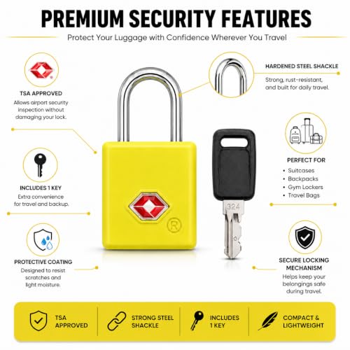 Image of QUIRA TSA Approved Travel Padlock with Key, Luggage Lock for Suitcase, Backpack, Locker & Travel Bags, Heavy Duty Security Lock (Lime Yellow)