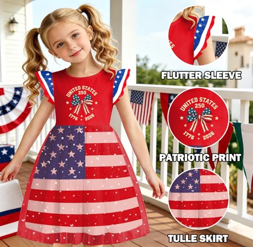 Image of Girls 4th of July Dress American Patriotic Outfit USA Independence Day Clothes Flutter Sleeve Tulle Tutu Dress 5-14y