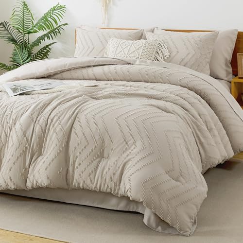 Litanika King Size Comforter Set with Sheets Beige - 7 Pieces Bed in a Bag King Chevron Tufted Boho...