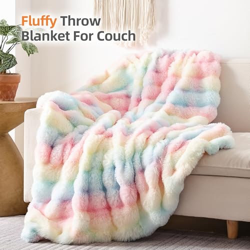 Smoofy Faux Fur Throw Blanket for Couch Rabbit Fleece - Rainbow Fluffy Blanket for Sofa Bedroom Living Room, Cozy Soft Plush Luxury Thick Winter Fuzzy Comfy Bubble Blanket - 50" x 60"