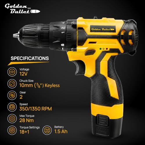 Image of Golden Bullet GCD-12B 12V Cordless Drill & Screwdriver | 2-Speed 350 /1350 RPM | 28Nm Max Torque | 10mm Keyless Chuck | 1x 1.5Ah Battery with Charger