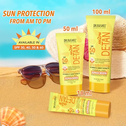 Image of DR.RASHEL DE-TAN SUNSCREEN SPF 50 PA+++ SKIN HYDRATING, PROVIDES LONG-LASTING PROTECTION WITH CUCUMBER & CARROT EXTRACT, Paraben free, All skin Type, 18ml