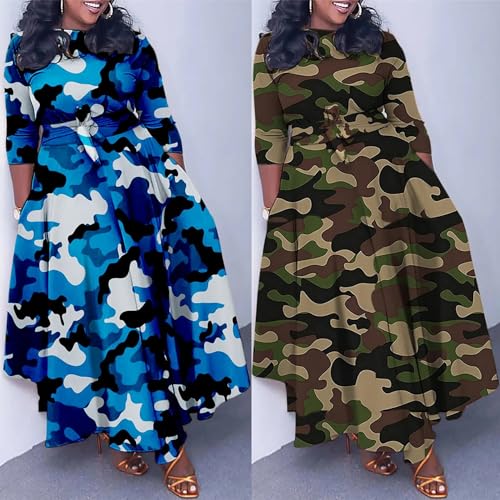 SHINFY Womens Camo Long Sleeve Plus Size Dress African Camouflage Print A-line Flowy Long Maxi Dress with Tie4