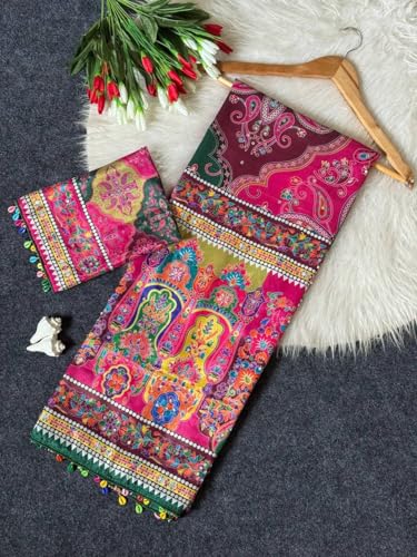 Image of Ajrakh Sarees for Women Roman Silk Ajrakh Print Saree for Woman with Mirror Work Border & Designer Pallu with Blouse Piece Multicolor Ethnic Wear (Rani)