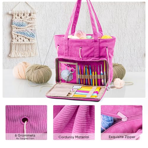 Image of MYBAGZING Large Crochet Bag & Tote, Corduroy Yarn Organizer for Crocheting, Yarn Storage Bag for Hooks and Accessories, Knitting Tote for Crochet Lovers, Mother's Day Gift