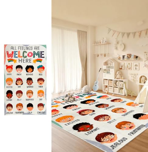 3 ft x 5 ft Calming Corner Items Calm Down Classroom Rug Feelings Chart Emotion Reading Corner Soft Fluffy Mental Health Rug Anti-Skid Floor Mat for School Living Bedroom Playroom (Rectangular)