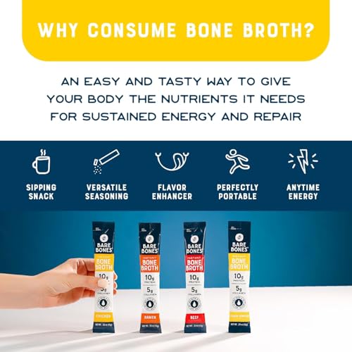 Image of Bare Bones Bone Broth Powder Packets Variety Pack | 5 g Collagen | 10 g Protein | Keto & Paleo Friendly | No Artificial Flavors | Non-GMO, Gluten-Free, Dairy-Free on-the-go 16 Pack + Recipe Guide | 10 g Total Protein | Keto & Paleo Friendly | No Artificial Flavors | Non-GMO, Gluten-Free, Dairy-Free 16 Pack + Recipe Guide