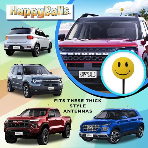 Genuine HappyBalls Yellow Happy Smiley Face Antenna Topper - Fun & Easy Parking Lot Vehicle Finder - Fit for Thick Fat Style Car, Truck, & SUV Antennas - 1.75\" Diameter