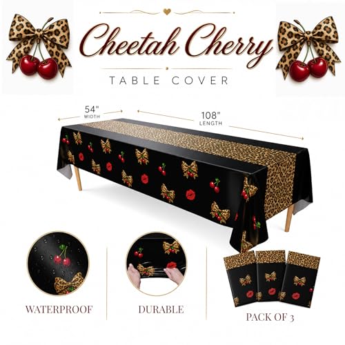 Image of Blue Orchards Cheetah Cherry Table Cover (Pack of 3) 108 inch x 54 inch - Trendy Cheetah Cherry Table Decoration, Aesthetic Accent and Backdrop, Party Setter, Decorative Animal Party Accent