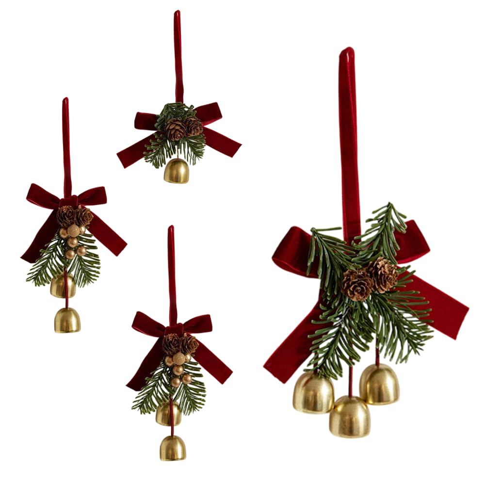 Christmas Tree Bows Ornaments, 4PCS Hanging Red Christmas Bow with Bells & Pine Cones for Xmas Thanksgiving Home Party Wedding Decor