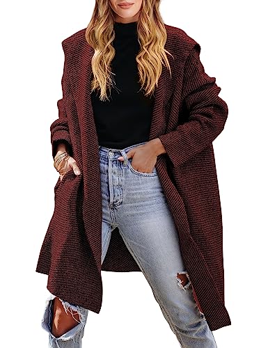 Anrabess Long Cardigans For Women Casual Long Sleeve Open Front Hoodie Sweater Coat Coatigan Oversized Striped Knitted Pockets 2023 Trendy Jacket Outwear 616Heihong-M Red-Black #TOP29